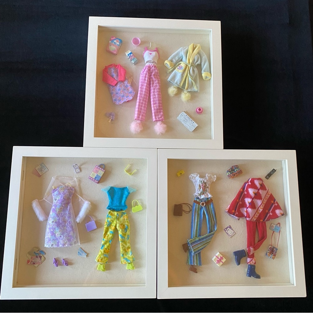 Vintage Barbie Doll fashion clothes and accessories in 15x15x2 shadow boxes.
